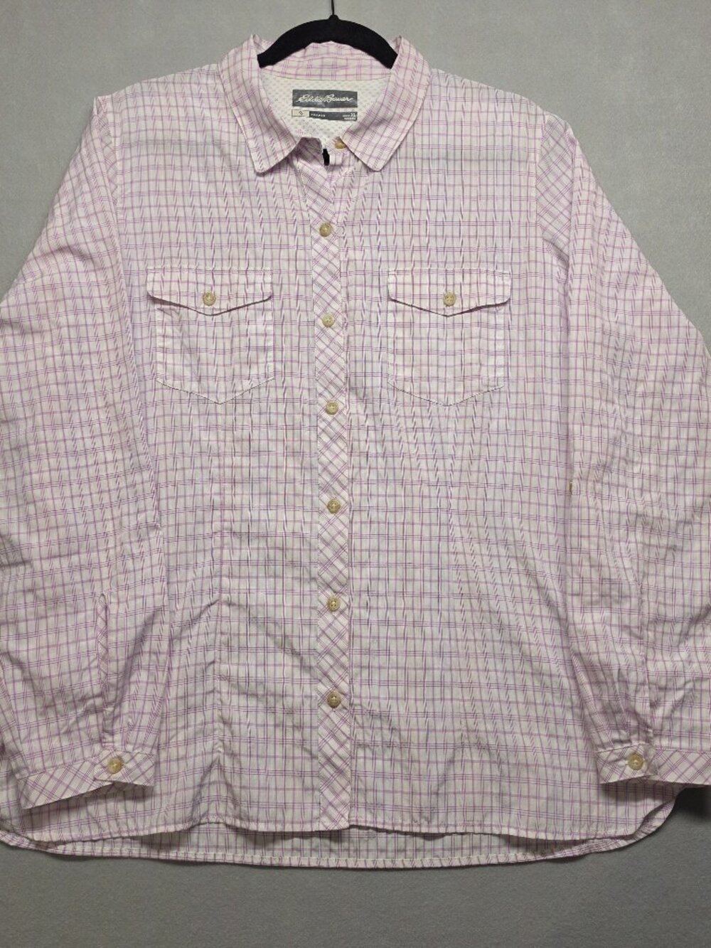 Eddie Bauer Travex Plaid Button Down Hiking Shirt XL Pink White